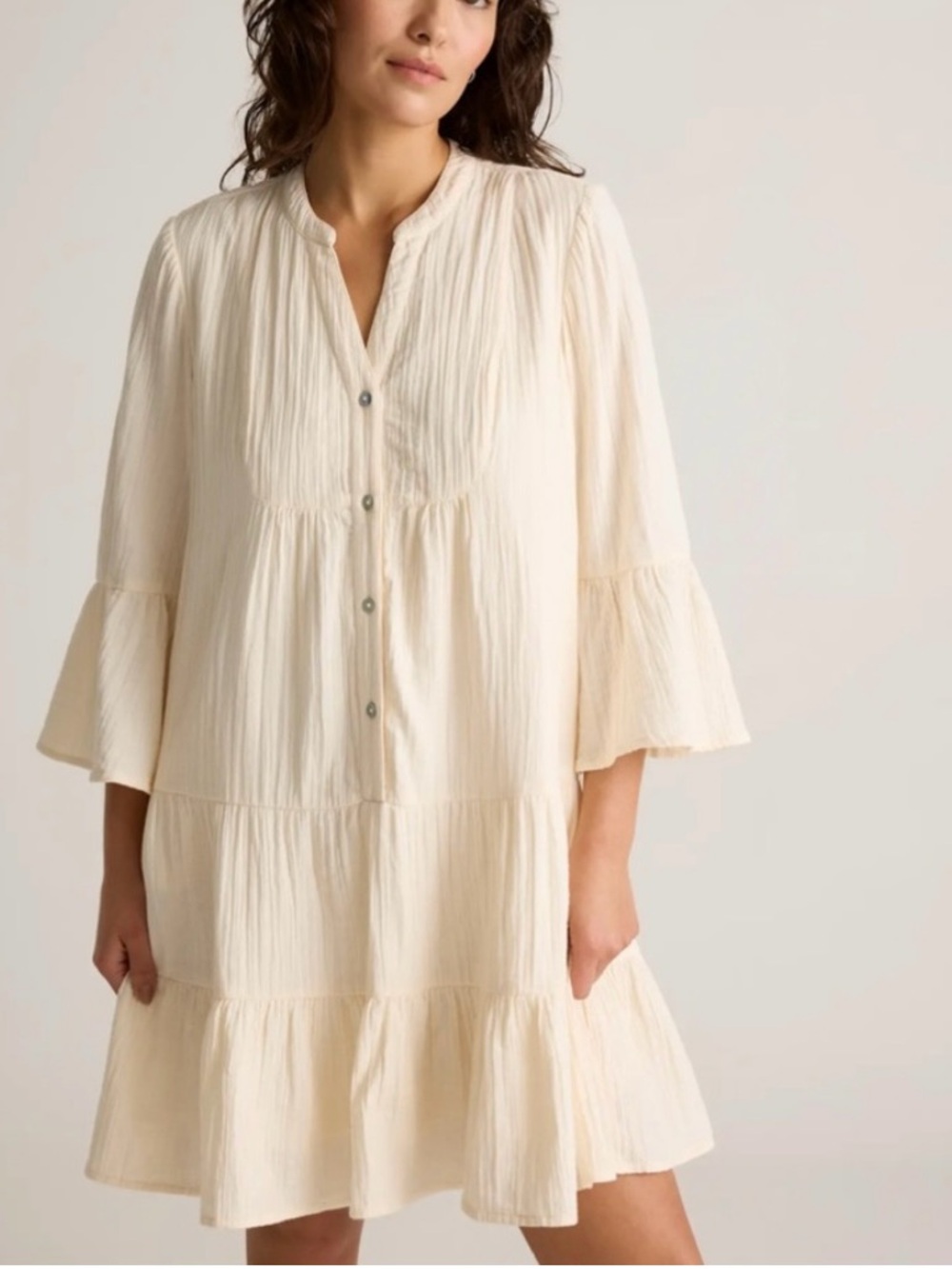 Quince Organic Cotton Gauze Tiered Cream Dress, Large - Picture 2 of 13